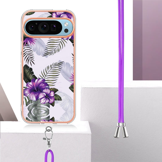 For Google Pixel 9 / 9 Pro Electroplating IMD TPU Phone Case with Lanyard(Purple Flower) by buy2fix