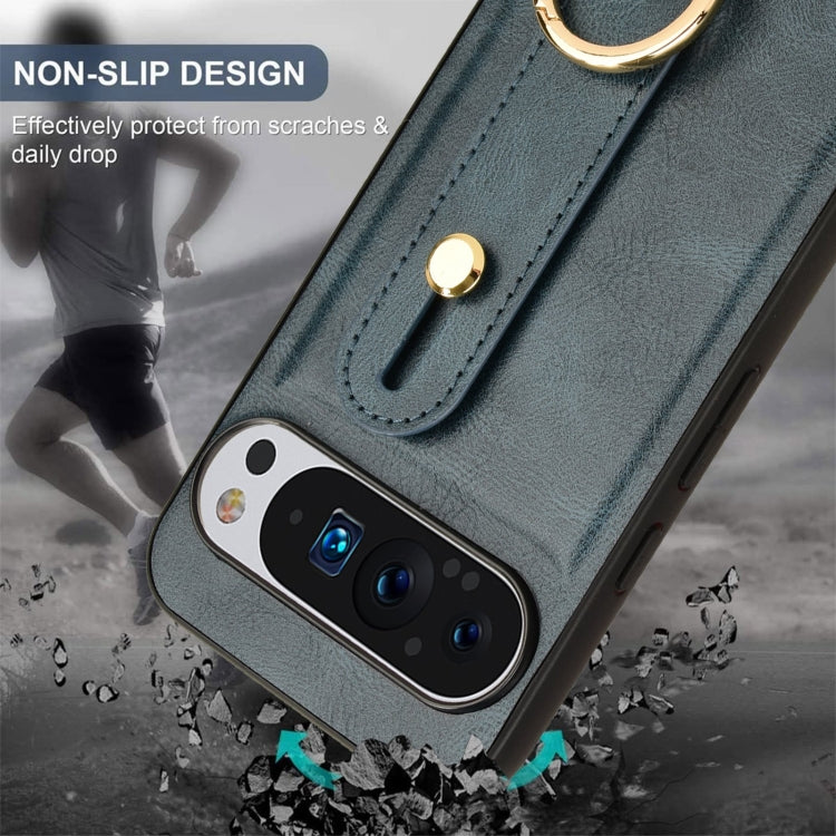 For Google Pixel 9 Pro Wristband Leather Back Phone Case(Blue) by buy2fix