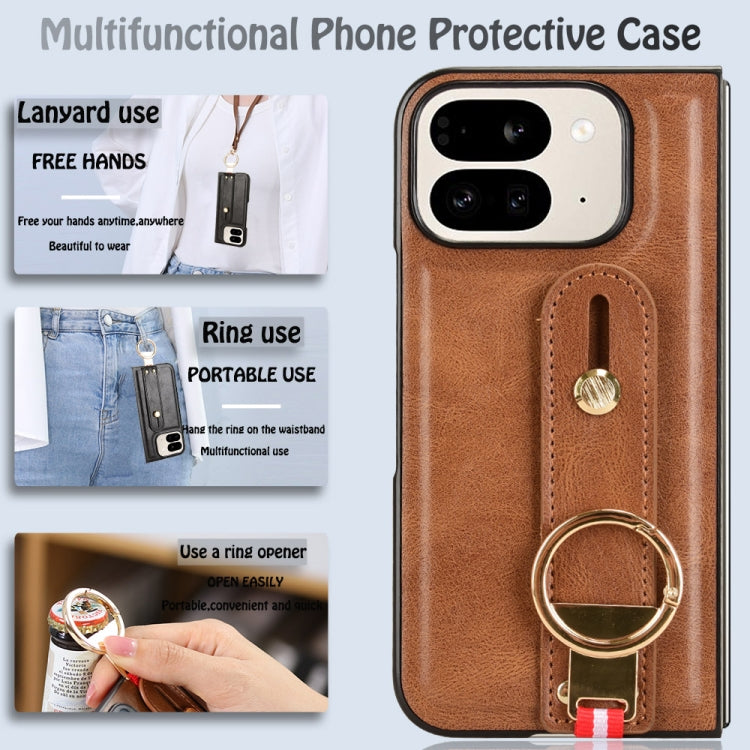 For Google Pixel 9 Pro Fold Wristband Leather Back Phone Case(Brown) by buy2fix