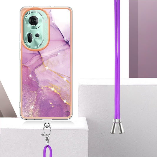 For OPPO Reno11 5G Global Electroplating Marble Dual-side IMD Phone Case with Lanyard(Purple 001) by buy2fix