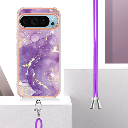 For Google Pixel 9 / 9 Pro Electroplating Marble Dual-side IMD Phone Case with Lanyard(Purple 002) by buy2fix