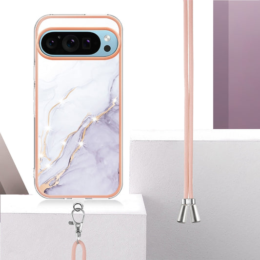 For Google Pixel 9 / 9 Pro Electroplating Marble Dual-side IMD Phone Case with Lanyard(White 006) by buy2fix