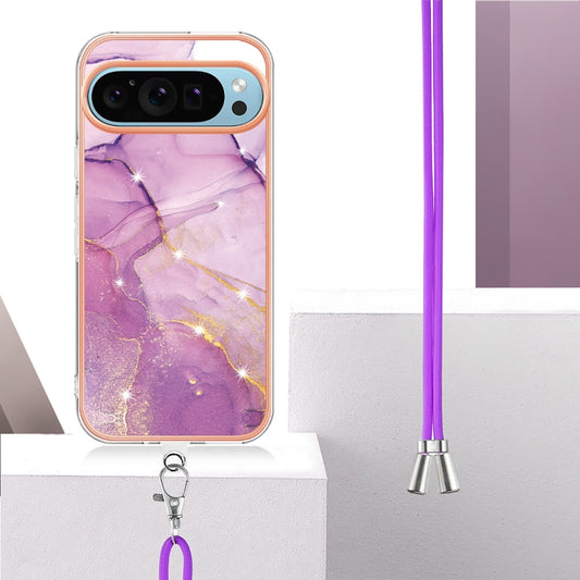 For Google Pixel 9 Pro XL Electroplating Marble Dual-side IMD Phone Case with Lanyard(Purple 001) by buy2fix