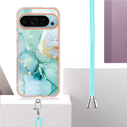 For Google Pixel 9 Pro XL Electroplating Marble Dual-side IMD Phone Case with Lanyard(Green 003) by buy2fix