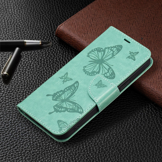 For iPhone 16 Plus Embossing Two Butterflies Pattern Leather Phone Case(Green) by buy2fix