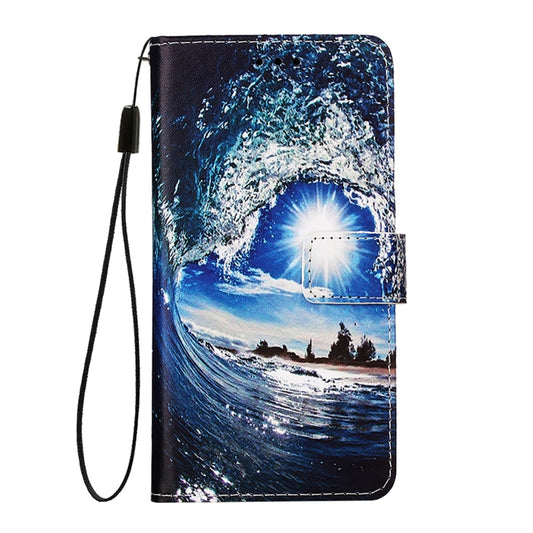 For iPhone 16e Colored Drawing Pattern Plain Weave Leather Phone Case(Waves And Sun) by buy2fix