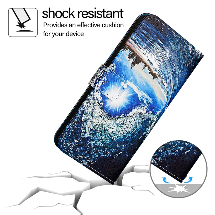 For iPhone 16e Colored Drawing Pattern Plain Weave Leather Phone Case(Waves And Sun) by buy2fix