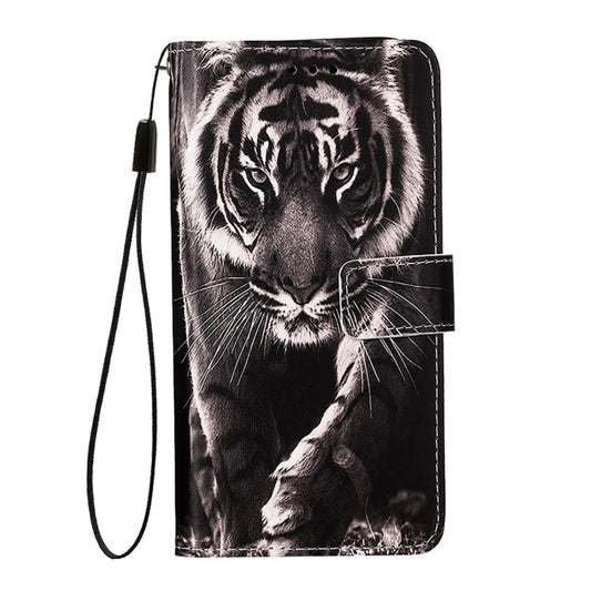 For iPhone 16e Colored Drawing Pattern Plain Weave Leather Phone Case(Black And White Tiger) by buy2fix
