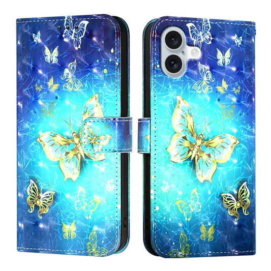 For iPhone 16 Plus 3D Painting Horizontal Flip Leather Phone Case(Golden Butterfly) by buy2fix