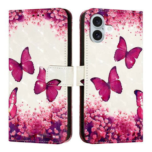 For iPhone 16 Plus 3D Painting Horizontal Flip Leather Phone Case(Rose Butterfly) by buy2fix