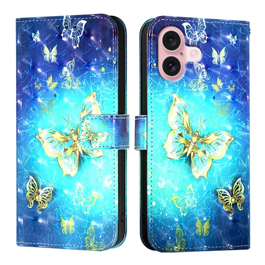 For iPhone 16 3D Painting Horizontal Flip Leather Phone Case(Golden Butterfly) by buy2fix