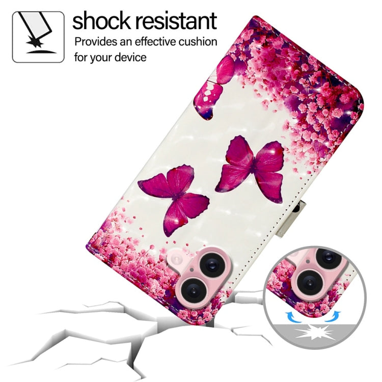 For iPhone 16 3D Painting Horizontal Flip Leather Phone Case(Rose Butterfly) by buy2fix