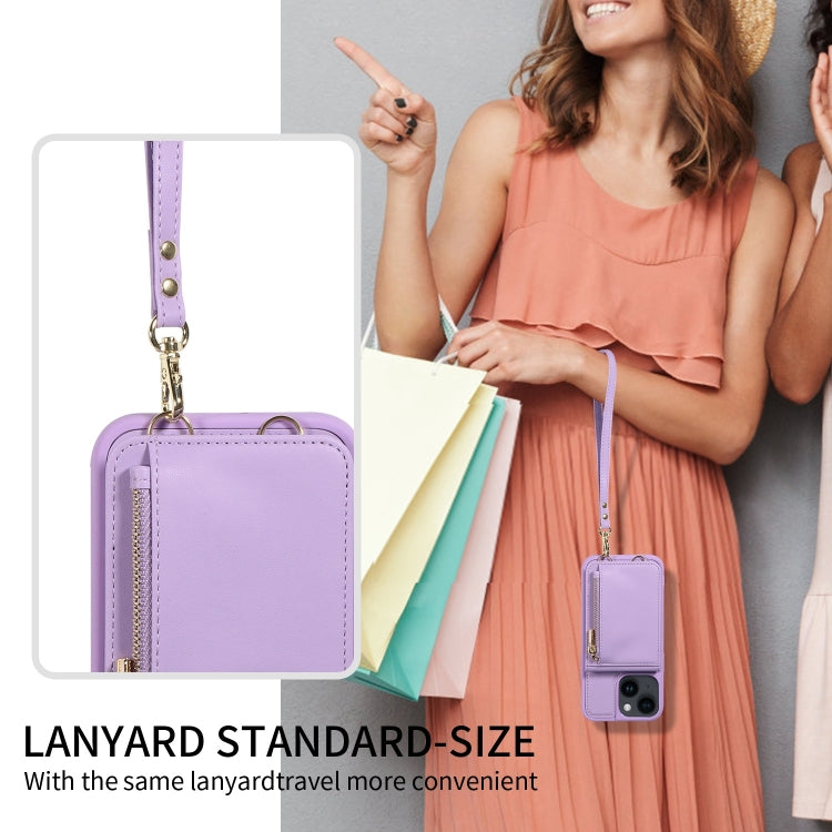 For iPhone 14 Plus Crossbody Lanyard Zipper Wallet Leather Phone Case(Purple) - iPhone 14 Plus Cases by buy2fix | Online Shopping UK | buy2fix