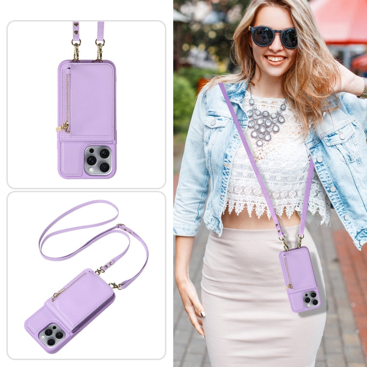 For iPhone 16 Pro Max Crossbody Lanyard Zipper Wallet Leather Phone Case(Purple) by buy2fix