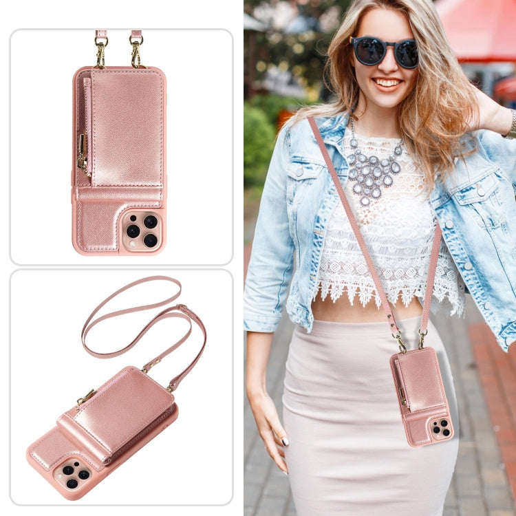 For iPhone 16 Pro Crossbody Lanyard Zipper Wallet Leather Phone Case(Rose Gold) by buy2fix