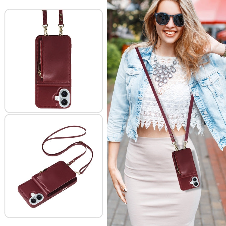 For iPhone 16 Plus Crossbody Lanyard Zipper Wallet Leather Phone Case(Wine Red) by buy2fix