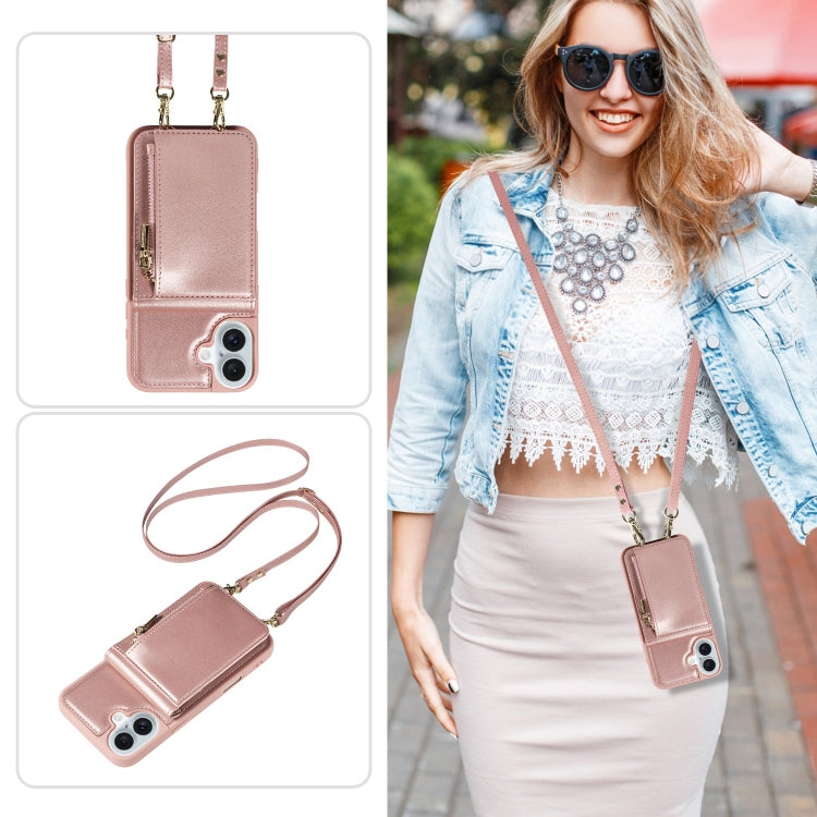 For iPhone 16 Plus Crossbody Lanyard Zipper Wallet Leather Phone Case(Rose Gold) by buy2fix
