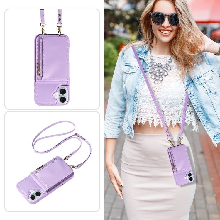 For iPhone 16 Plus Crossbody Lanyard Zipper Wallet Leather Phone Case(Purple) by buy2fix
