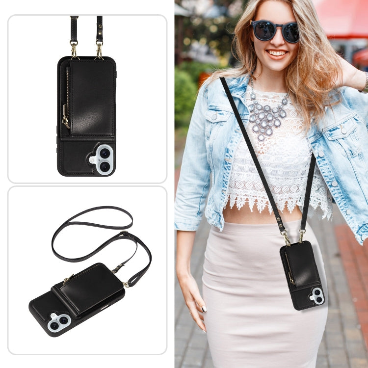 For iPhone 16 Plus Crossbody Lanyard Zipper Wallet Leather Phone Case(Black) by buy2fix