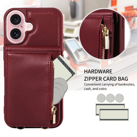 For iPhone 16 Crossbody Lanyard Zipper Wallet Leather Phone Case(Wine Red) by buy2fix