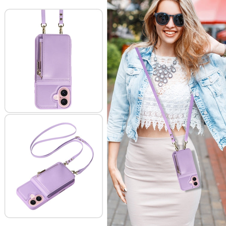 For iPhone 16 Crossbody Lanyard Zipper Wallet Leather Phone Case(Purple) by buy2fix