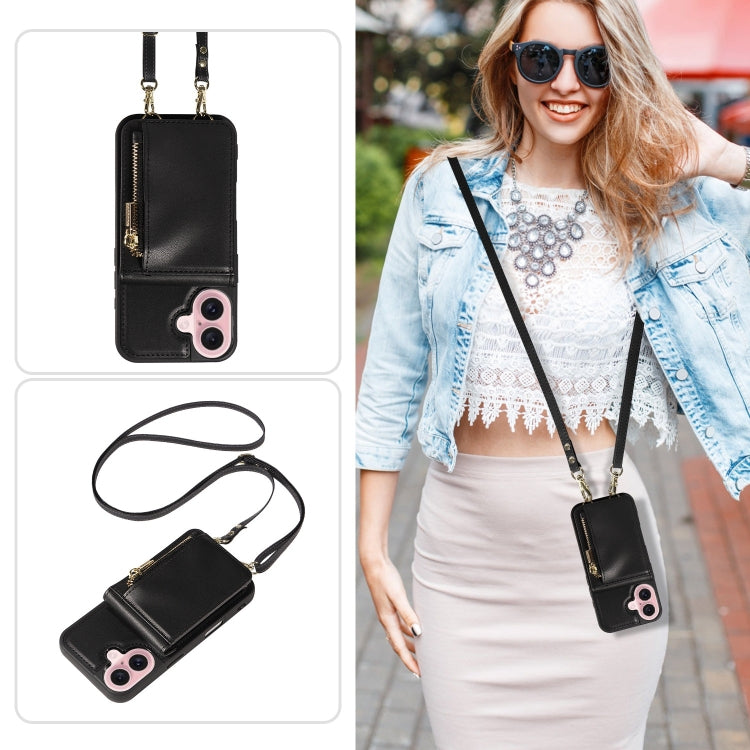For iPhone 16 Crossbody Lanyard Zipper Wallet Leather Phone Case(Black) by buy2fix