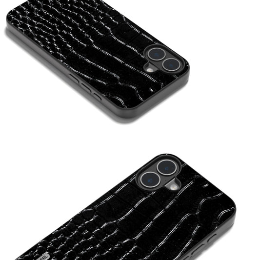 For iPhone 16 Plus ABEEL Genuine Leather Crocodile Pattern Black Edge Phone Case(Black) by buy2fix