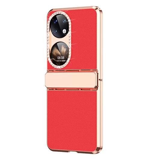 For Huawei P50 Pocket Plated Plain Leather Folding Phone Case with Hinge(Red) - Huawei Cases by buy2fix | Online Shopping UK | buy2fix