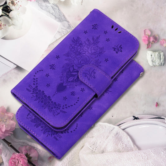 For Motorola Moto G Play 4G 2024 Butterfly Rose Embossed Leather Phone Case(Purple) by buy2fix
