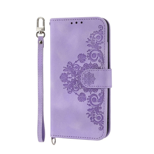 For Samsung Galaxy M55 Skin-feel Flowers Embossed Wallet Leather Phone Case(Purple) by buy2fix