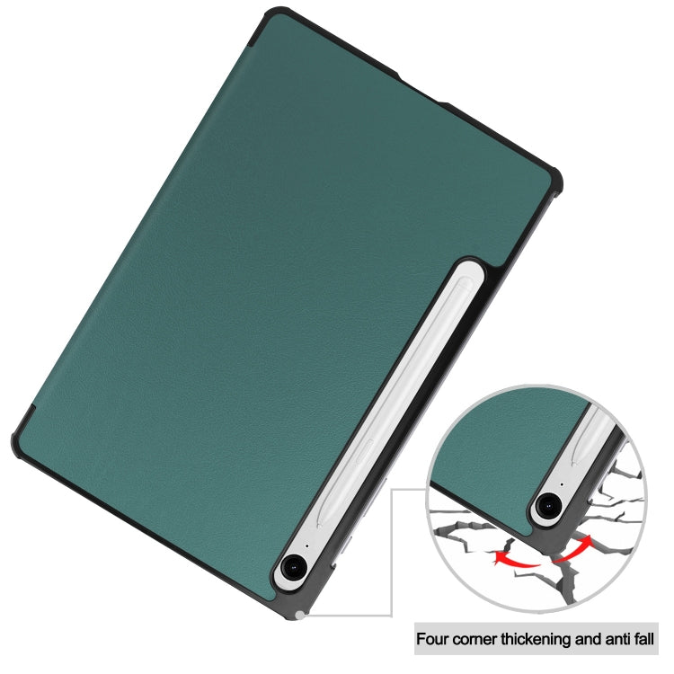 For Samsung Galaxy Tab S9 FE / S10 FE Custer Pure Color 3-Fold Holder Smart Leather Tablet Case(Dark Green) by buy2fix