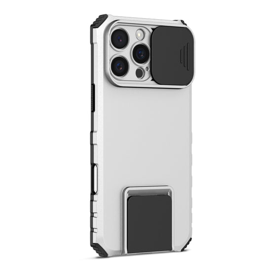 For iPhone 16 Pro Stereoscopic Holder Sliding Camshield Phone Case(White) by buy2fix