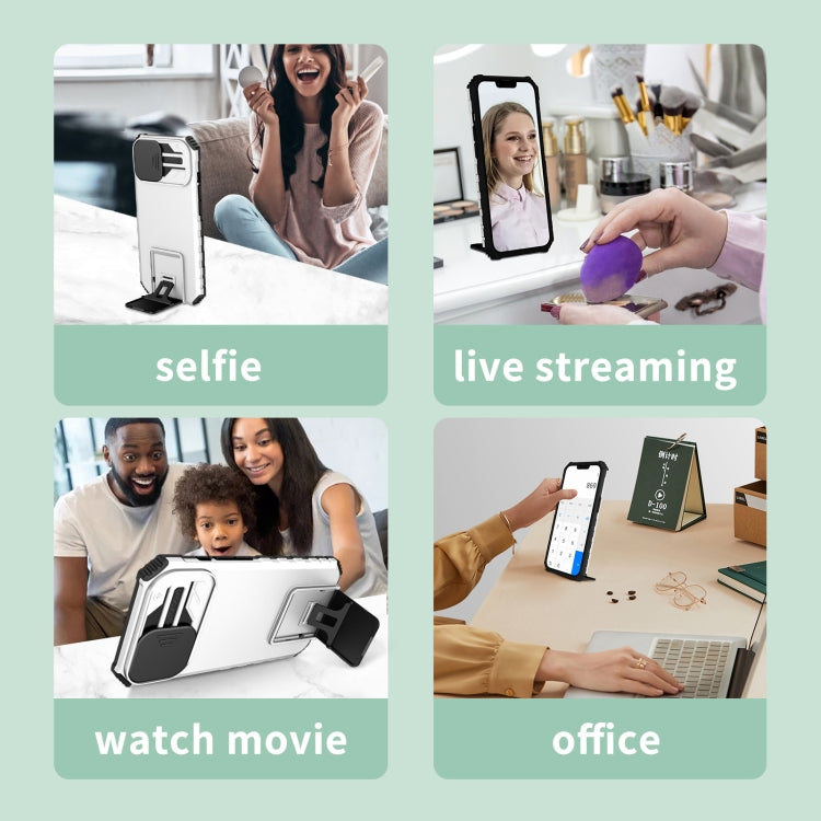 For iPhone 16 Plus Stereoscopic Holder Sliding Camshield Phone Case(White) by buy2fix