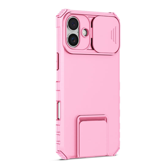 For iPhone 16 Stereoscopic Holder Sliding Camshield Phone Case(Pink) by buy2fix