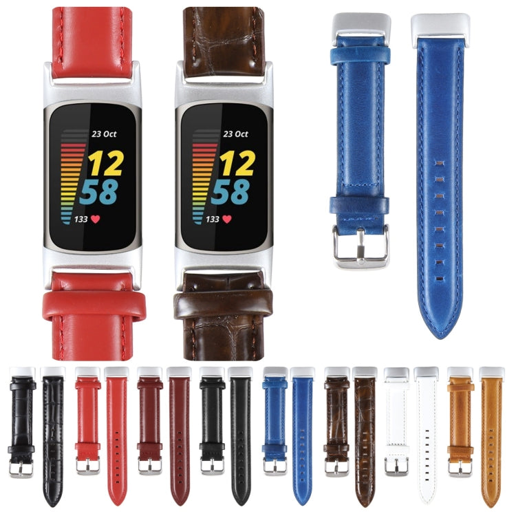 For Fitbit Charge 5 18mm Bamboo Joint Texture Genuine Leather Watch Band(Blue) by buy2fix