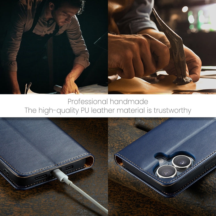 For iPhone 16 Fierre Shann PU Genuine Leather Texture Phone Case(Blue) by FIERRE SHANN