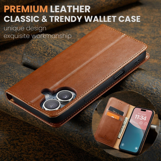 For iPhone 16 Fierre Shann PU Genuine Leather Texture Phone Case(Brown) by FIERRE SHANN