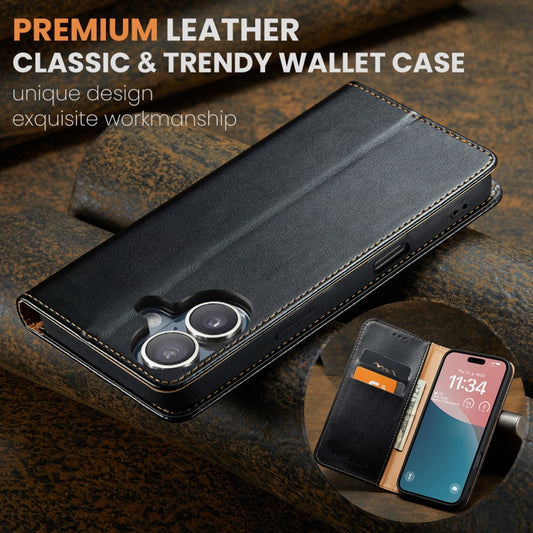 For iPhone 16 Fierre Shann PU Genuine Leather Texture Phone Case(Black) by FIERRE SHANN