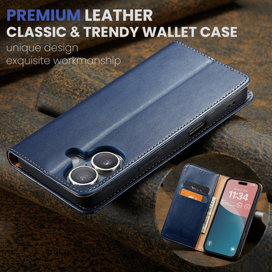 For iPhone 16 Plus Fierre Shann PU Genuine Leather Texture Phone Case(Blue) by FIERRE SHANN