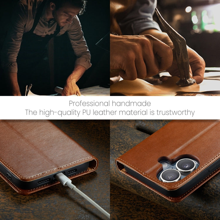 For iPhone 16 Plus Fierre Shann PU Genuine Leather Texture Phone Case(Brown) by FIERRE SHANN
