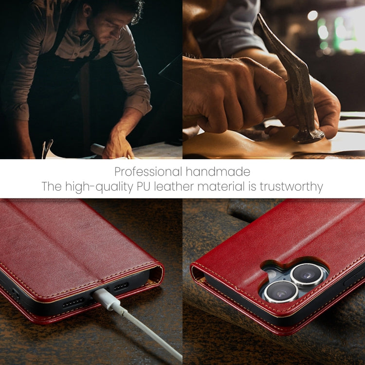 For iPhone 16 Plus Fierre Shann PU Genuine Leather Texture Phone Case(Red) by FIERRE SHANN