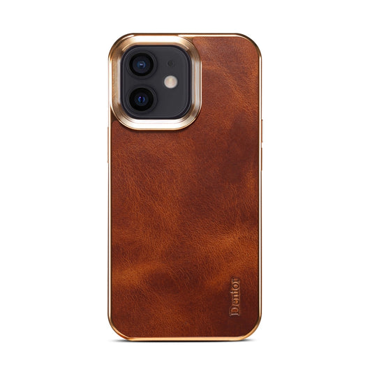 For iPhone 12 Denior Oil Wax Cowhide Plating Phone Case(Brown) - iPhone 12 / 12 Pro Cases by Denior | Online Shopping UK | buy2fix