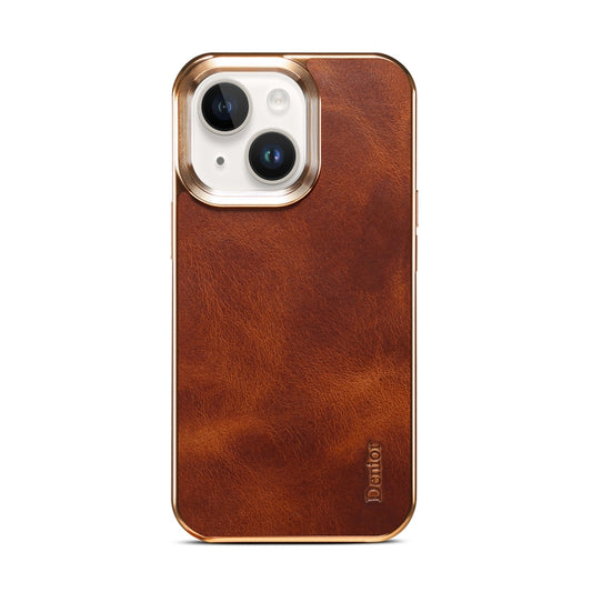 For iPhone 14 Denior Oil Wax Cowhide Plating Phone Case(Brown) - iPhone 14 Cases by Denior | Online Shopping UK | buy2fix