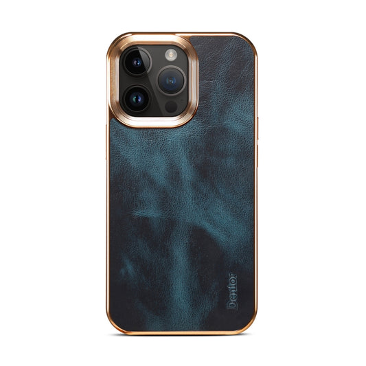 For iPhone 14 Pro Denior Oil Wax Cowhide Plating Phone Case(Blue) - iPhone 14 Pro Cases by Denior | Online Shopping UK | buy2fix