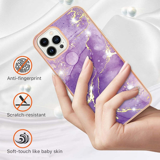 For iPhone 16 Pro Max Electroplating Marble Pattern Dual-side IMD TPU Shockproof Phone Case (Purple 002) by buy2fix