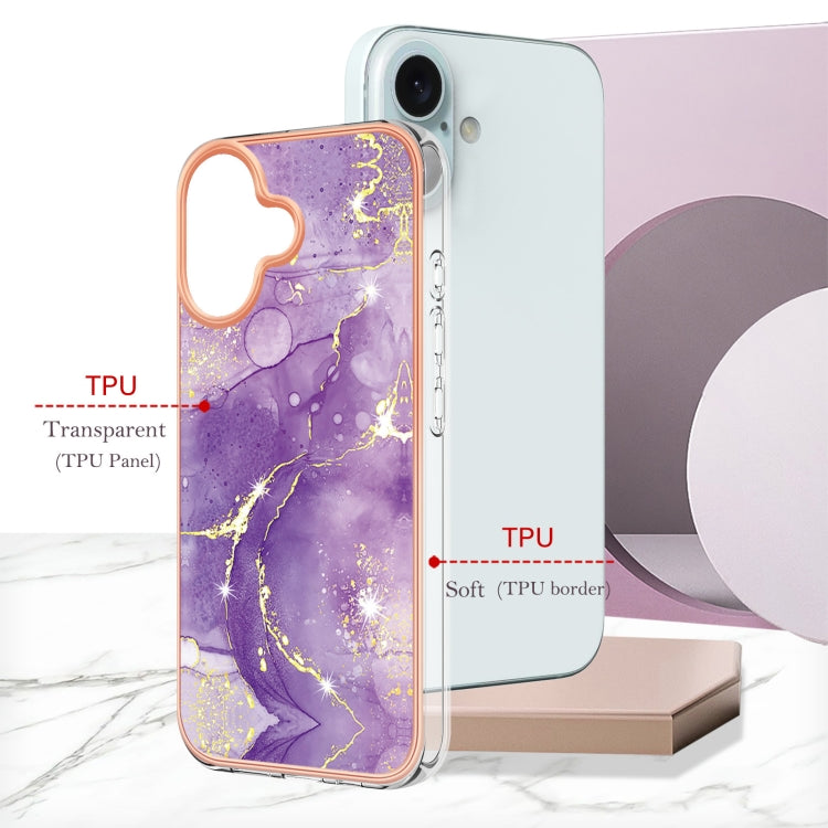 For iPhone 16 Electroplating Marble Pattern Dual-side IMD TPU Shockproof Phone Case (Purple 002) by buy2fix