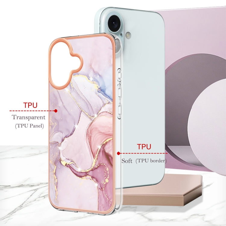 For iPhone 16 Electroplating Marble Pattern Dual-side IMD TPU Shockproof Phone Case (Rose Gold 005) by buy2fix