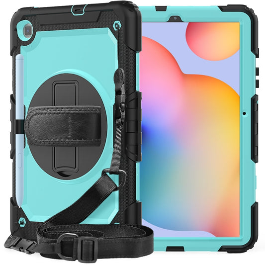 For Samsung Galaxy Tab S6 Lite P610 Shockproof Colorful Silicone + PC Protective Case with Holder & Shoulder Strap & Hand Strap & Pen Slot(Black Light Blue) - Tab S6 Lite P610 / P615 by buy2fix | Online Shopping UK | buy2fix
