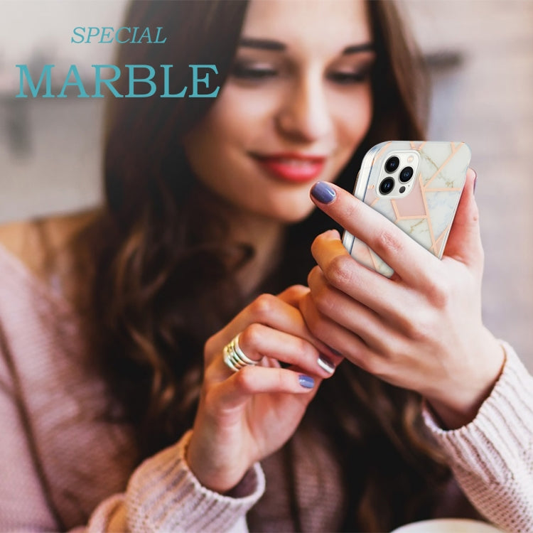 For iPhone 16 Pro Max Electroplating Splicing Marble Flower Pattern Dual-side IMD TPU Shockproof Phone Case(Pink White) by buy2fix