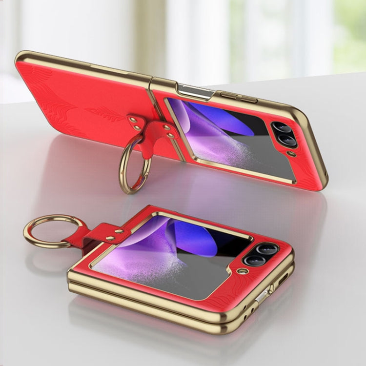 For Samsung Galaxy Z Flip5 Electroplated Embossed Leather Phone Case with Ring(Black) - Galaxy Z Flip5 Cases by buy2fix | Online Shopping UK | buy2fix